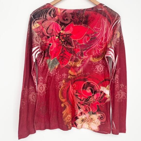 Cato Red Y2K Long Sleeve Rhinestone Fall Leaves Top Size M - Picture 6 of 6
